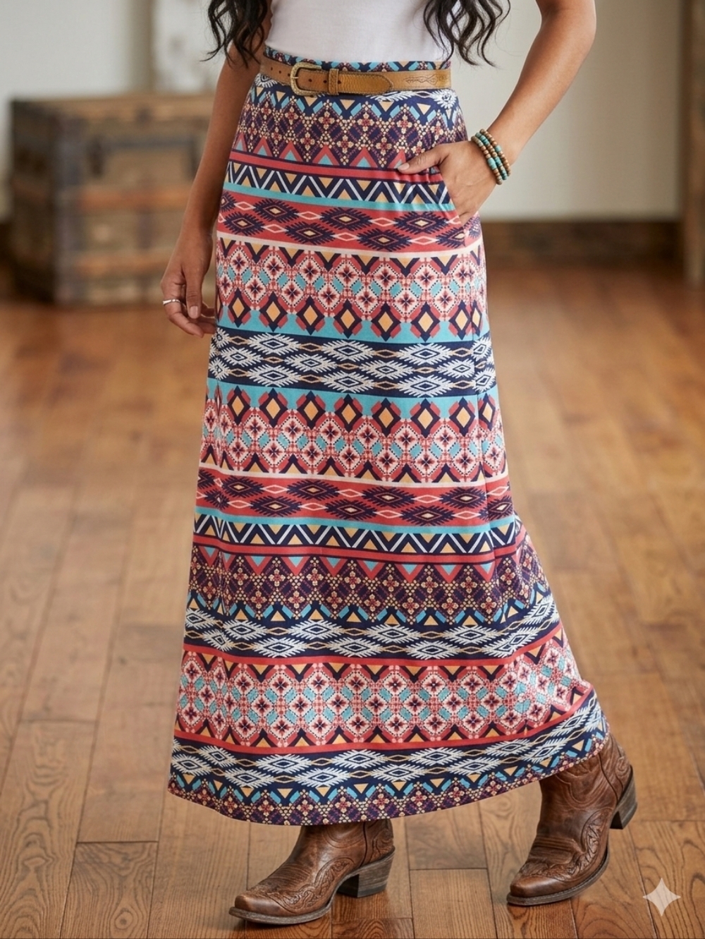 Boho Maxi Skirt in Multi-Color Tribal Print
